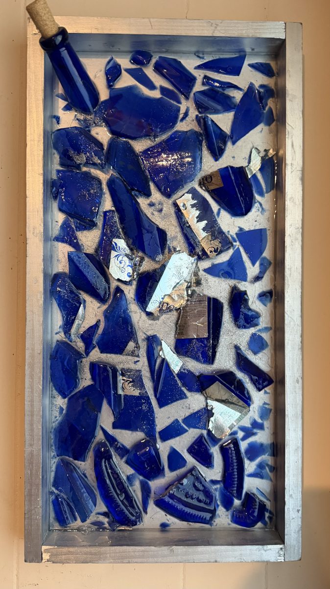 Broken Bottle Art-Tall Blue Wine Bottle